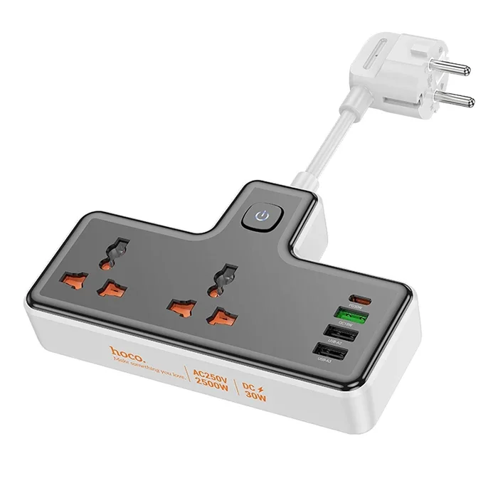 Çok Amaçlı Priz Çoğaltıcı 2500W 2 Priz + 3 USB + 30W Type-C - Hızlı Şarj ve Koruma