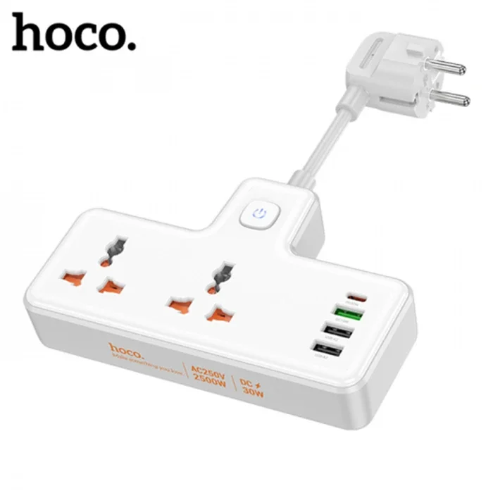 Çok Amaçlı Priz Çoğaltıcı 2500W 2 Priz + 3 USB + 30W Type-C - Hızlı Şarj ve Koruma
