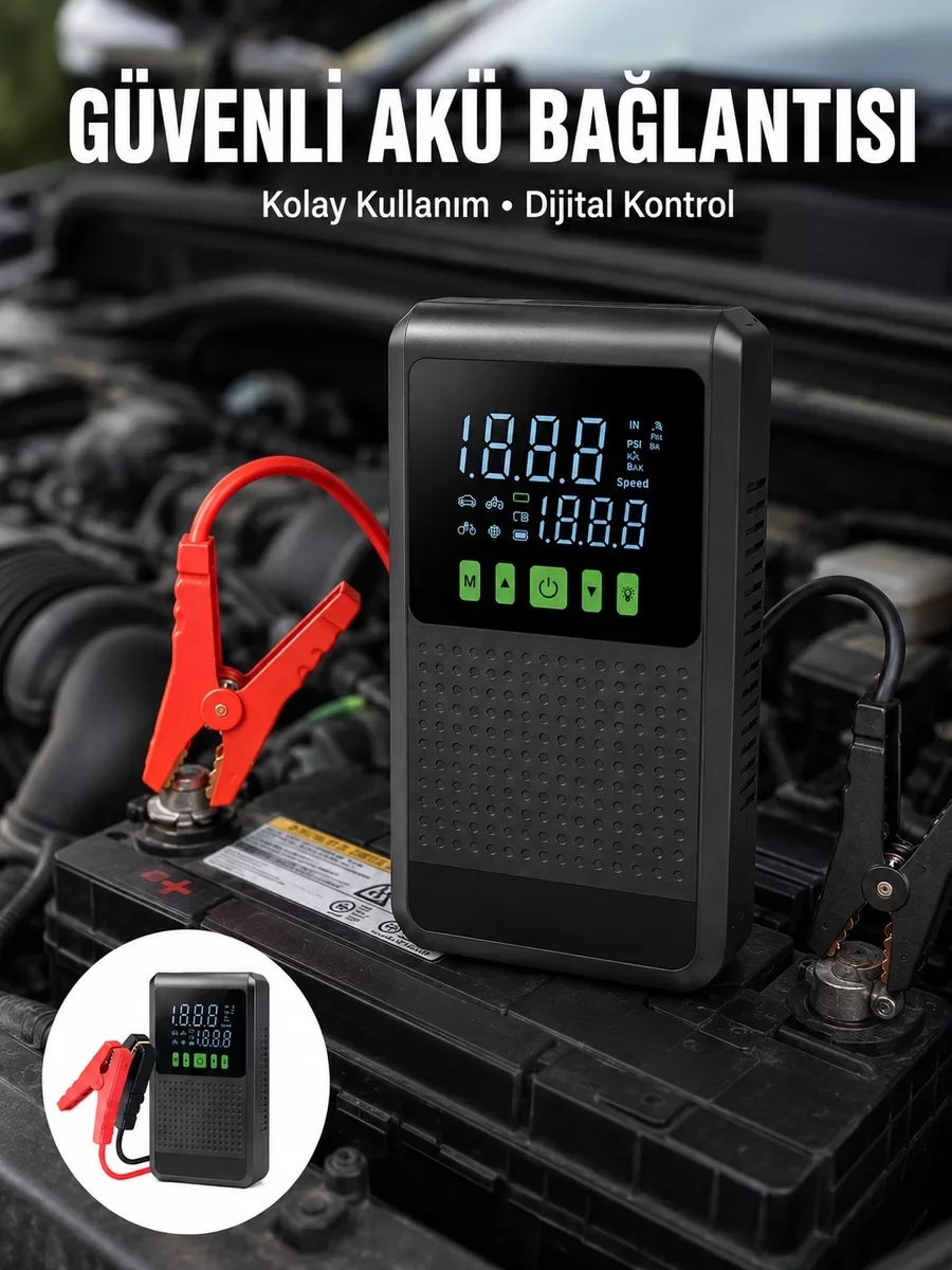 Çok Fonksiyonlu 12.000 mAh Araç Akü Takviye ve Hava Kompresörü - Powerbank ve LED Özellikli