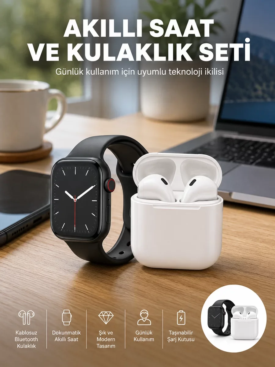 Çok Fonksiyonlu Akıllı Saat Gümüş Kasa Bluetooth Kulaklık Hediyeli Set