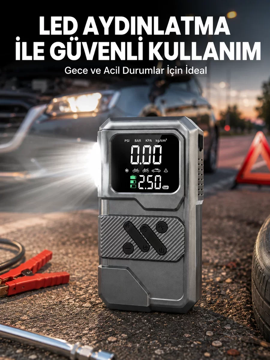 Çok Fonksiyonlu Akü Takviye ve Hava Kompresörü - 12.000 mAh Taşınabilir Acil Durum Seti