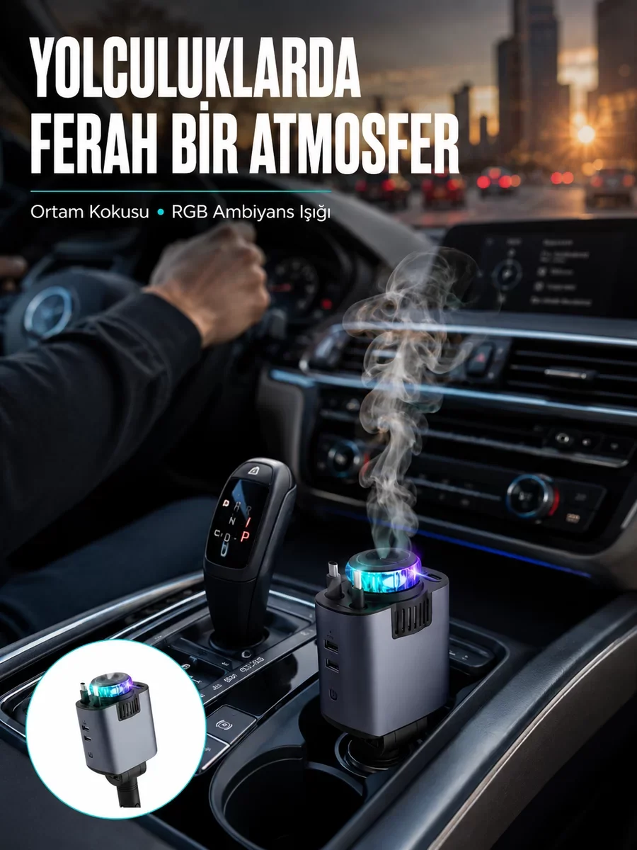 Çok Fonksiyonlu Araç İçi Şarj Cihazı Hava Nemlendirici Aroma ve Yıldız Işık - Yeni Nesil