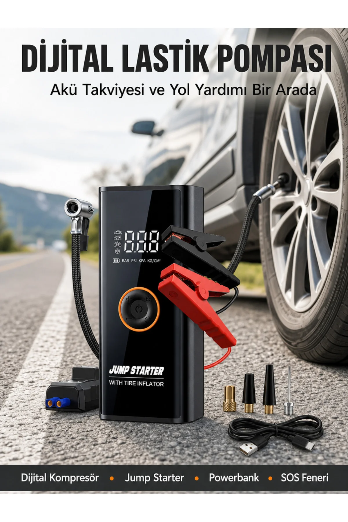 Çok Fonksiyonlu Araç Yol Yardım Kiti Jump Starter Ve Lastik Pompası Yeni Nesil Çok Fonksiyonlu Araç Yol Yardım Kiti Jump Starter Ve Lastik Pompası Yeni Nesil