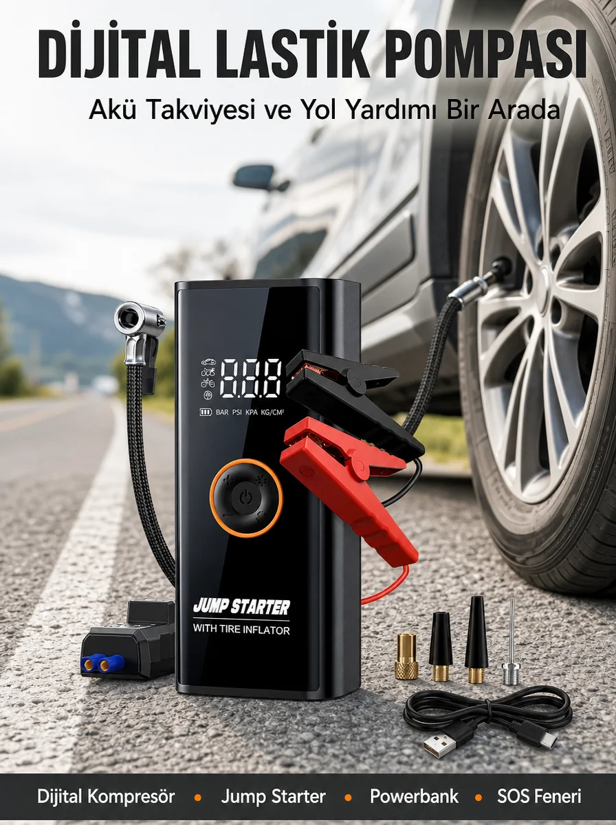 Çok Fonksiyonlu Araç Yol Yardım Kiti Jump Starter ve Lastik Pompası Yeni Nesil Fiyatı, Yorumları ve Özellikleri