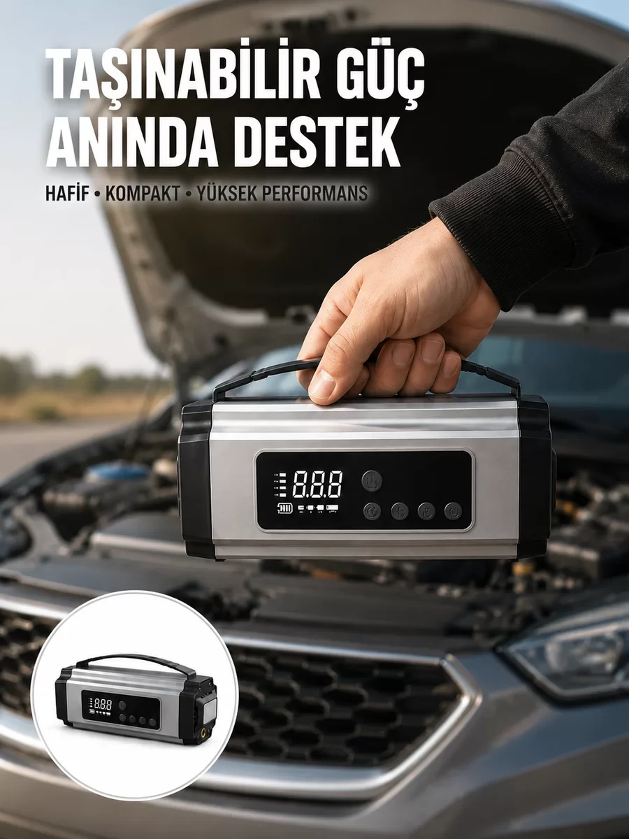 Çok Fonksiyonlu Dijital Akü Takviye ve Lastik Şişirme Cihazı - Powerbank ve LED Işık Özellikli Yeni Nesil