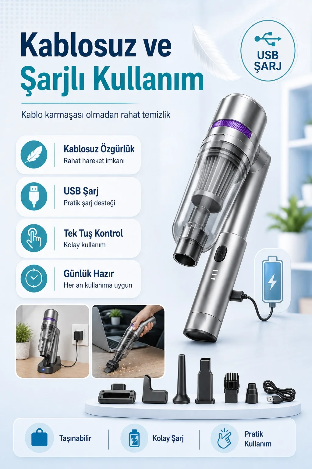 Çok Fonksiyonlu El Tipi Vakum Süpürge Hava Üfleme Cihazı Şarjlı Temizlik Seti