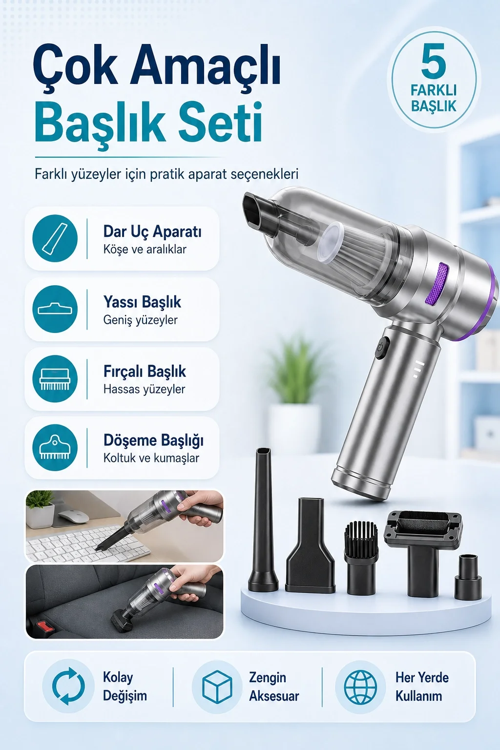 Çok Fonksiyonlu El Tipi Vakum Süpürge Hava Üfleme Cihazı Şarjlı Temizlik Seti