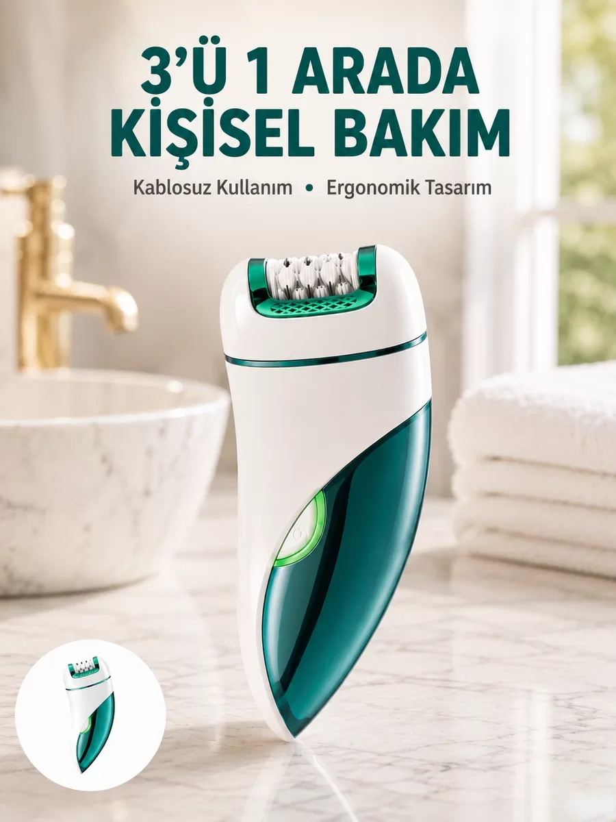 Çok Fonksiyonlu Epilatör 3 in 1 - Kablolsuz Su Geçirmez LED Işıklı 90 Dakika Pil Ömrü