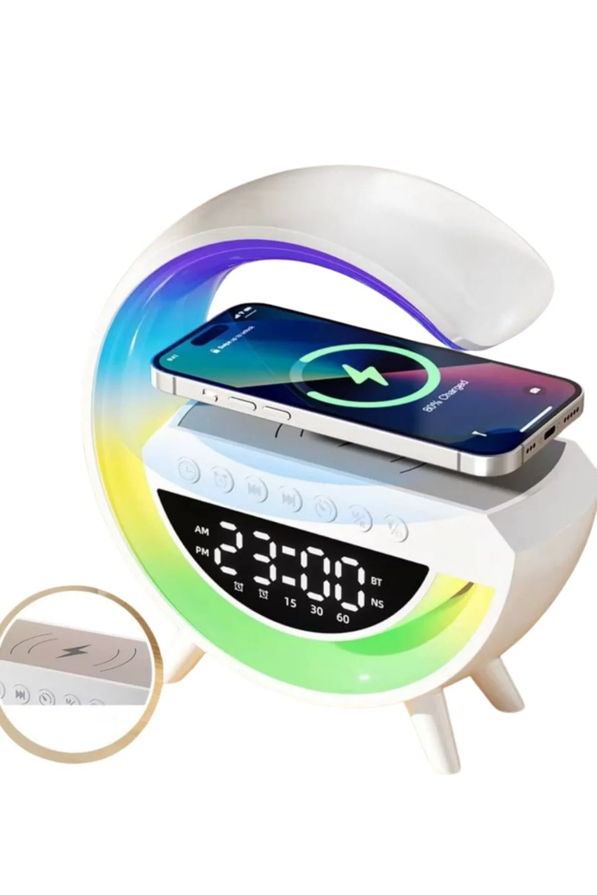 Çok Fonksiyonlu Kablosuz Şarjlı Saat Hoparlör RGB Işık ve Alarm Özellikli