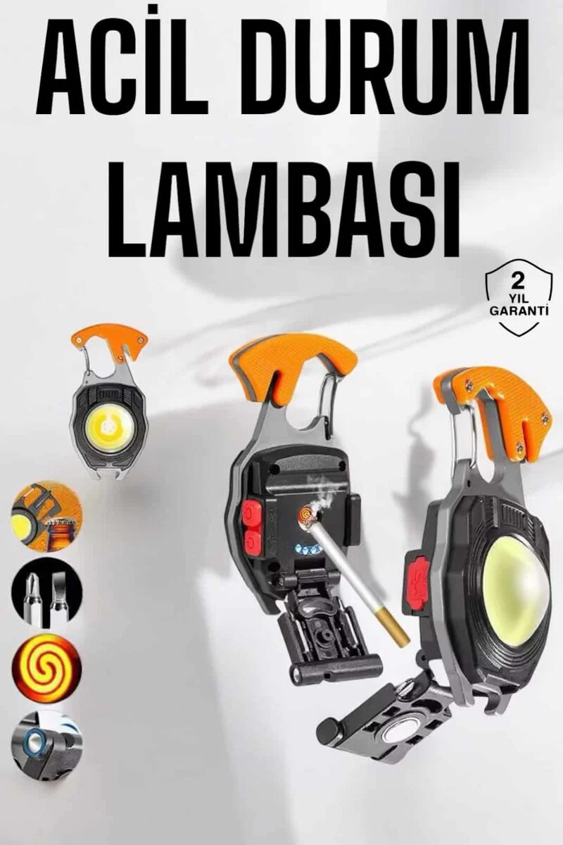 Çok Fonksiyonlu Kamp Feneri Anahtarlık - USB Şarjlı, Çakmaklı, Cam Kırıcı, Kemer Kesici, Açacak