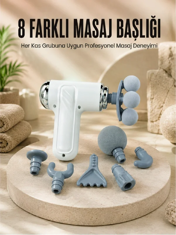 Çok Fonksiyonlu Masaj Tabancası Spor Sonrası Kas Rahatlatıcı 8 Başlıklı Masaj Cihazı