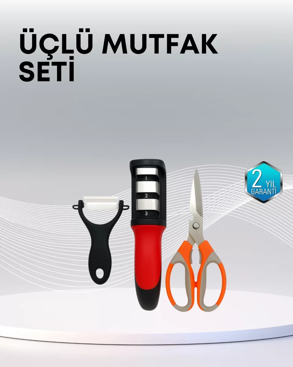 Çok Fonksiyonlu Mutfak Makası Seti – 3 Makas Bileyici ve Soyacak Dahil