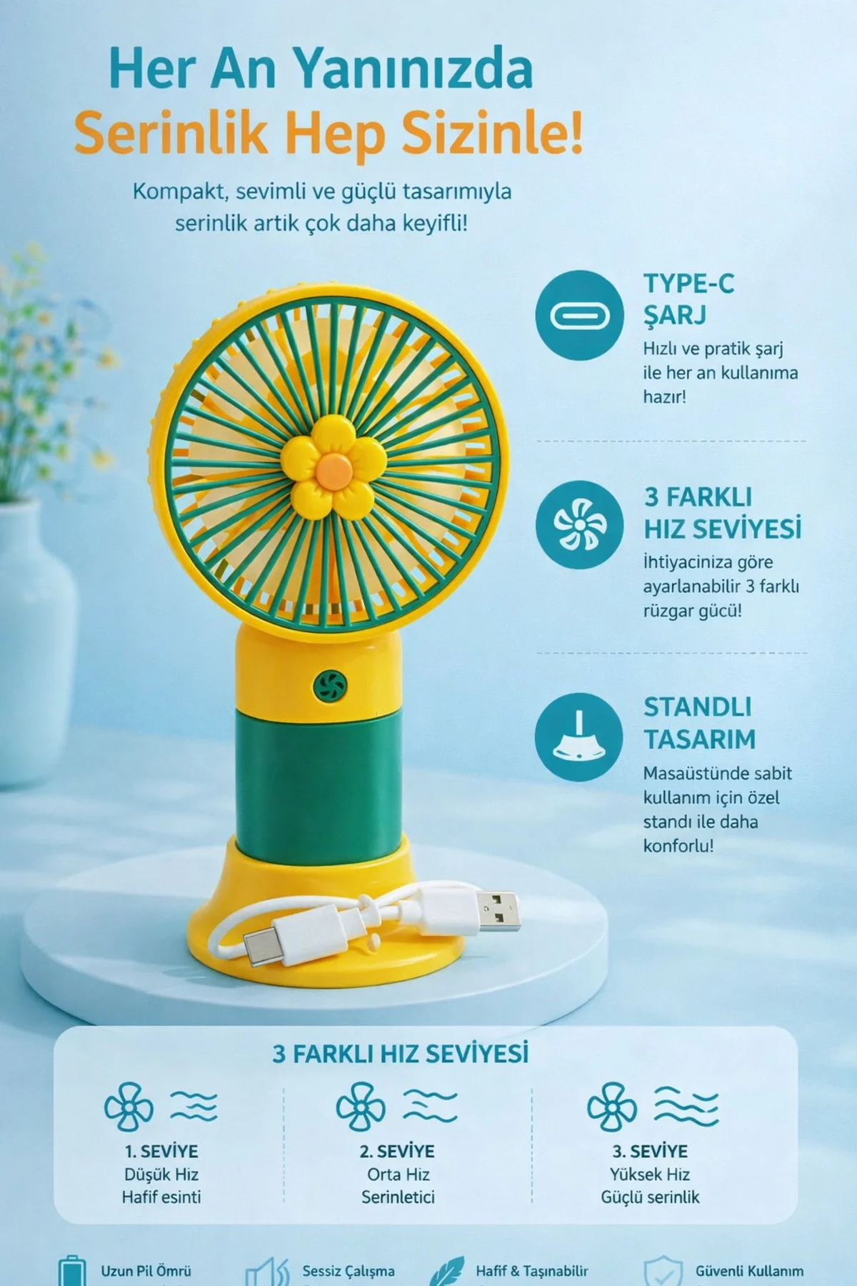Çok Renkli Kablosuz Şarjlı Portatif El Vantilatörü, Papatya Figürlü Ultra Sessiz Taşınabilir Fan
