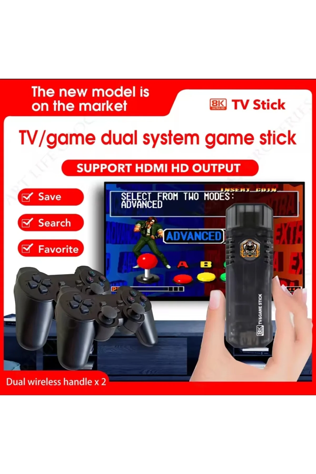 Çok renkli kumandalı Android TV oyun konsolu çift kişilik oyunlu Bluetooth yok - Elektronik