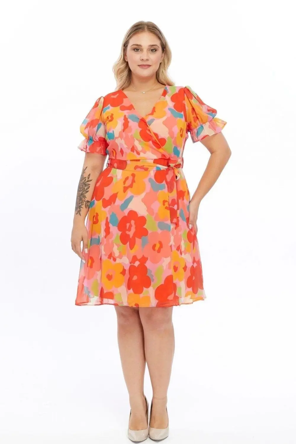 Çok Renkli Kurvaze Yaka Beli Kuşaklı Kol Detaylı Şifon Elbise 449