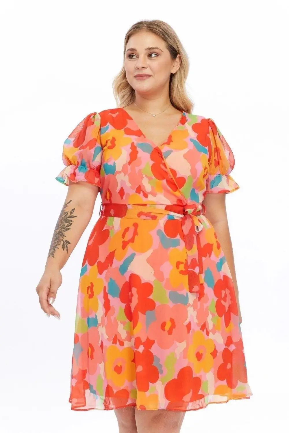 Çok Renkli Kurvaze Yaka Beli Kuşaklı Kol Detaylı Şifon Elbise 449