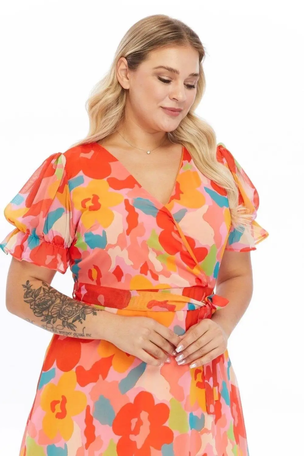 Çok Renkli Kurvaze Yaka Beli Kuşaklı Kol Detaylı Şifon Elbise 449