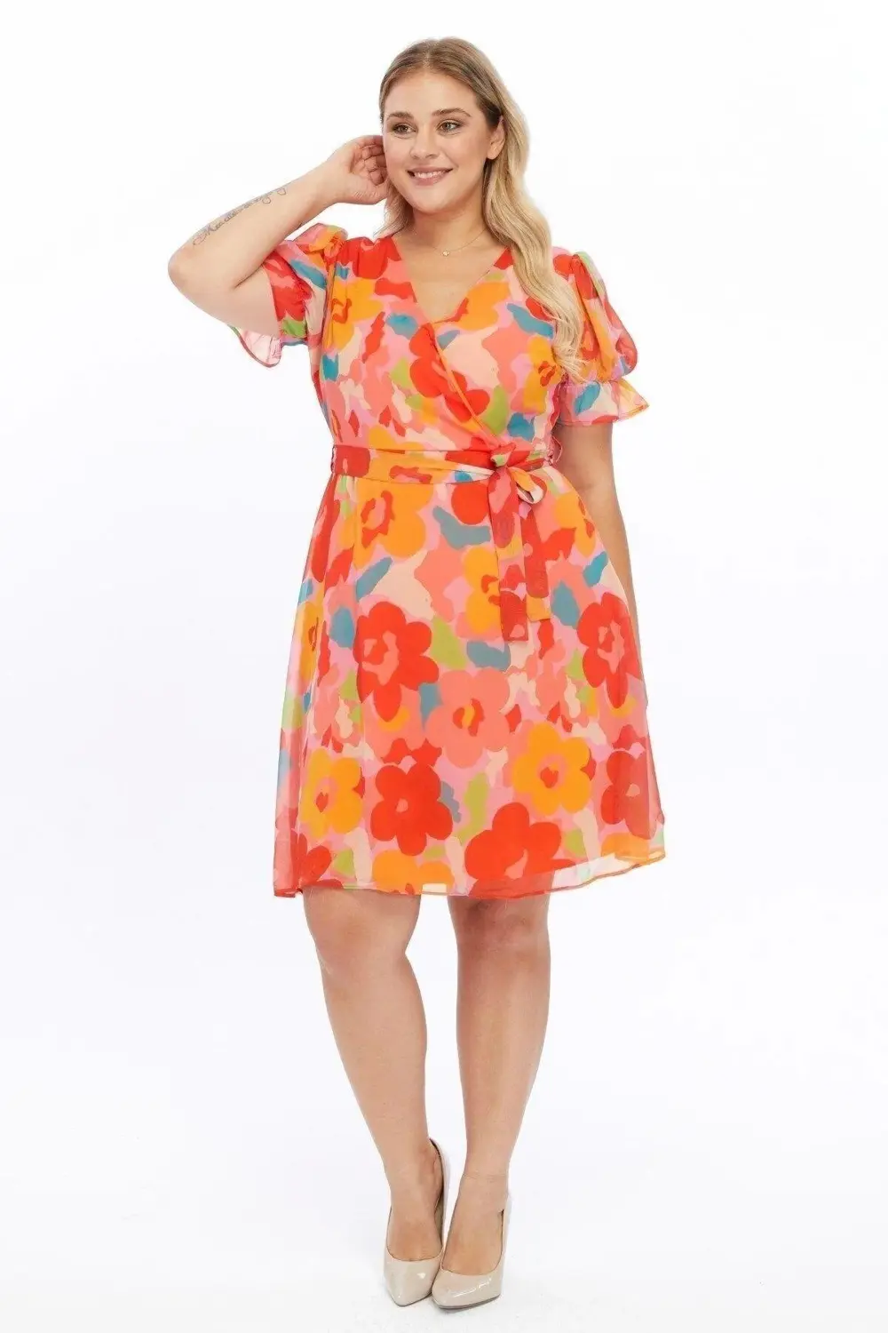 Çok Renkli Kurvaze Yaka Beli Kuşaklı Kol Detaylı Şifon Elbise 449