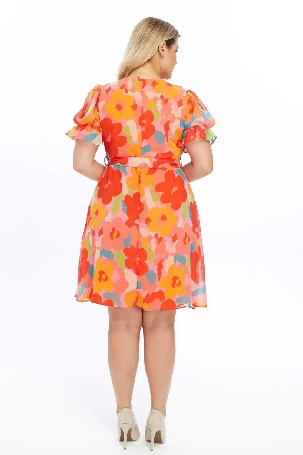 Çok Renkli Kurvaze Yaka Beli Kuşaklı Kol Detaylı Şifon Elbise 449