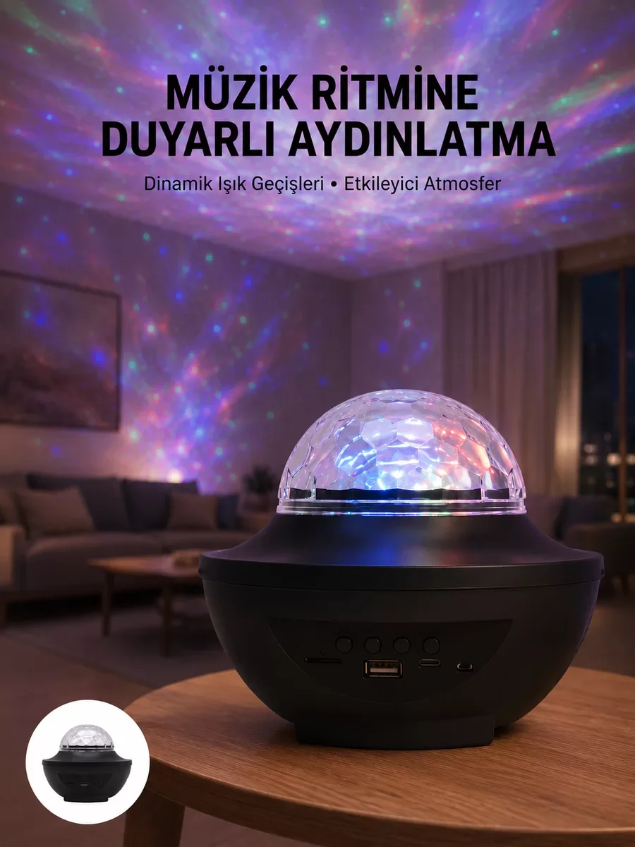 Çok Renkli Projektör Lamba Disko Topu & Gece Lambası - Bluetooth 5.2 ile Yıldızlı Atmosfer