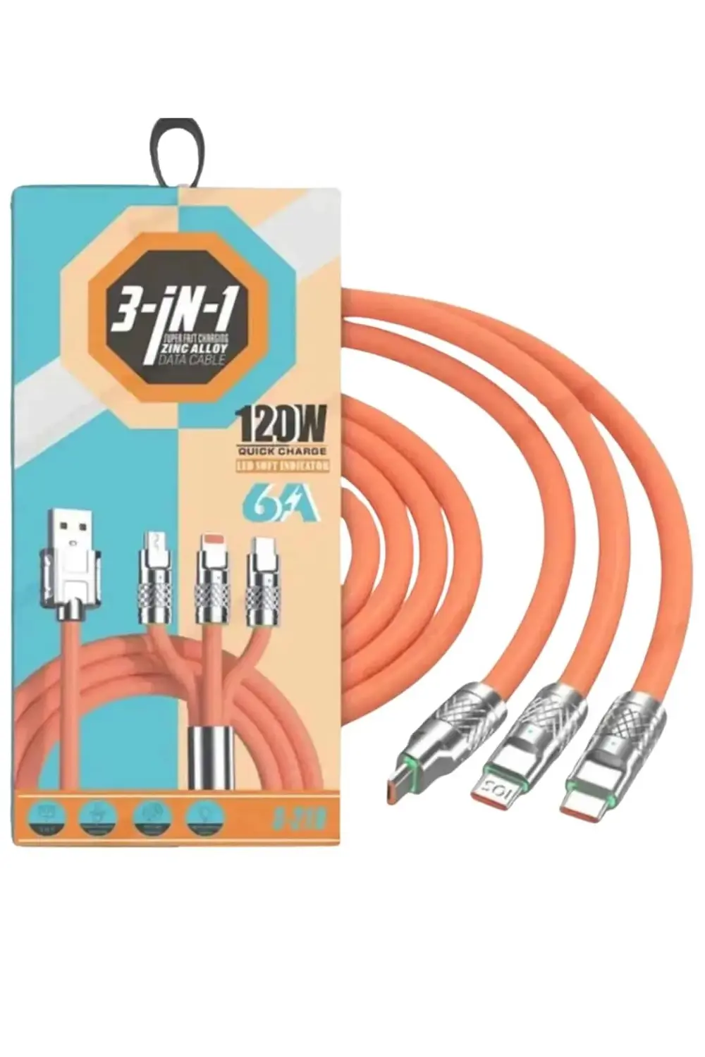 Çoklu Şarj Kablosu USB Type-C İOS Uyumlu 120W Hızlı Şarj Kablosu