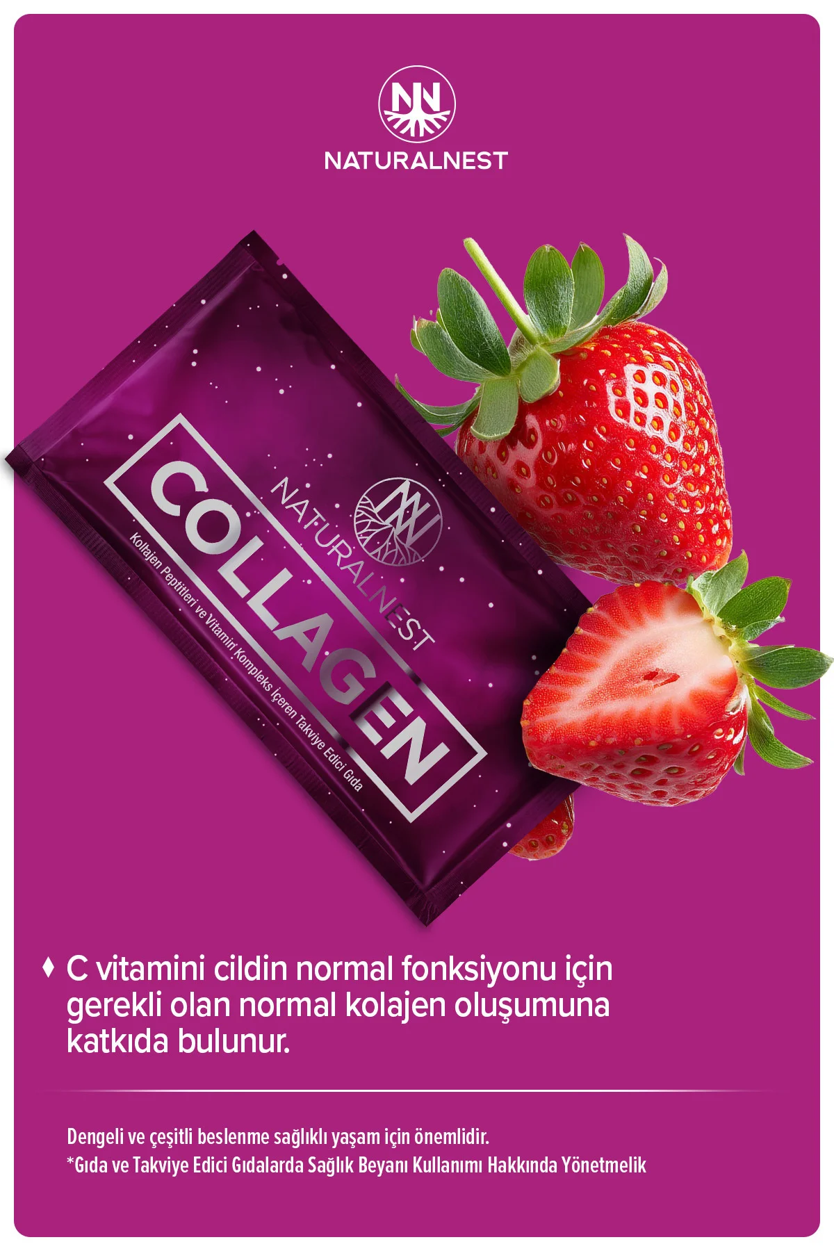 Collagen 5000 mg 30 Saşe Çilek Aromalı - Tip 1 ve Tip 3 Kolajen Peptit C Vitamini Hyaluronik Asit - Görsel 3