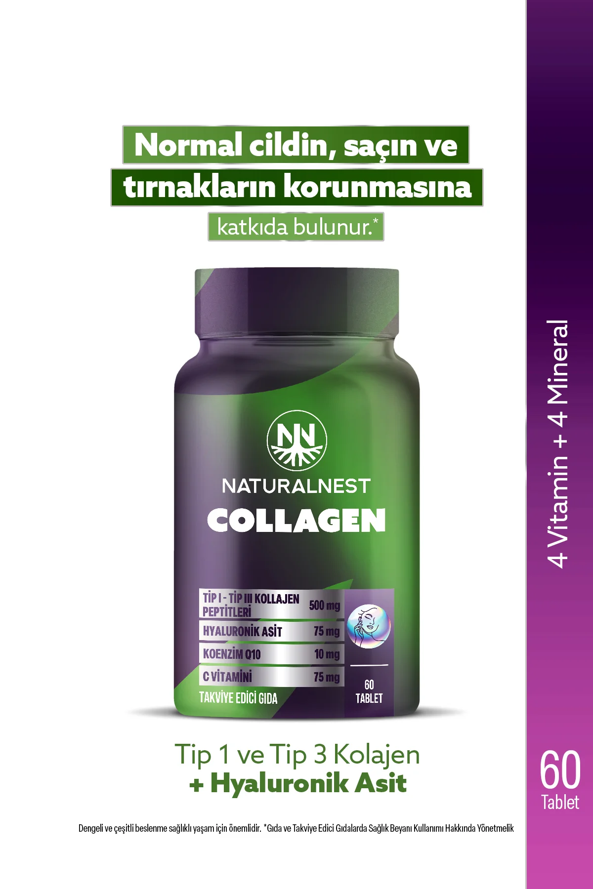Collagen 60 Tablet- Kolajen peptitleri, Hyaluronik asit, Koenzim Q10, Biyotin