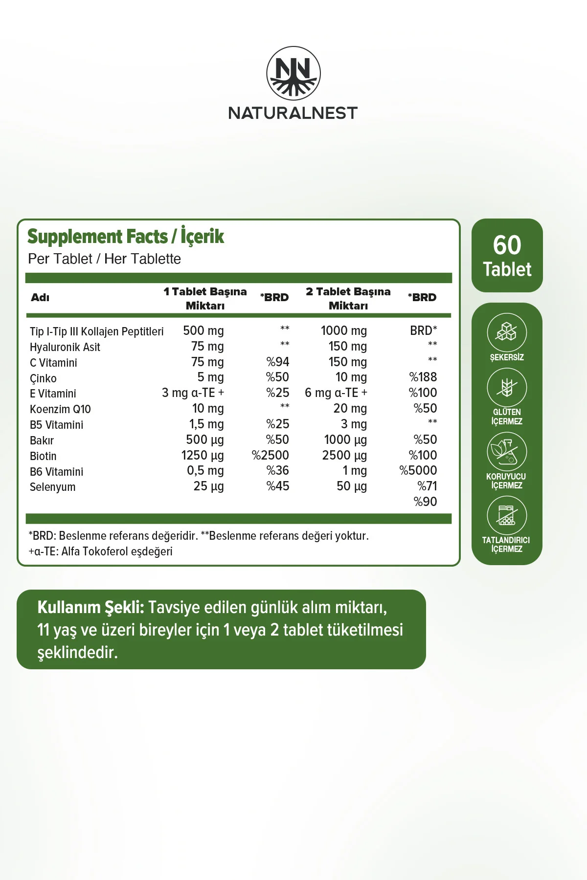 Collagen 60 Tablet- Kolajen peptitleri, Hyaluronik asit, Koenzim Q10, Biyotin