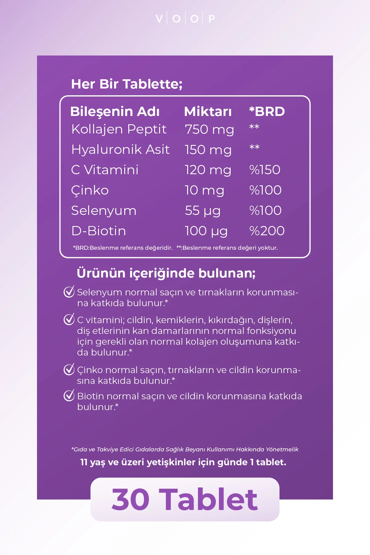 Collagen Beauty Tip 1 Ve Tip 3 | Kolajen Hyaluronic Asit Q10 Biotin Çinko - 30 Tablet