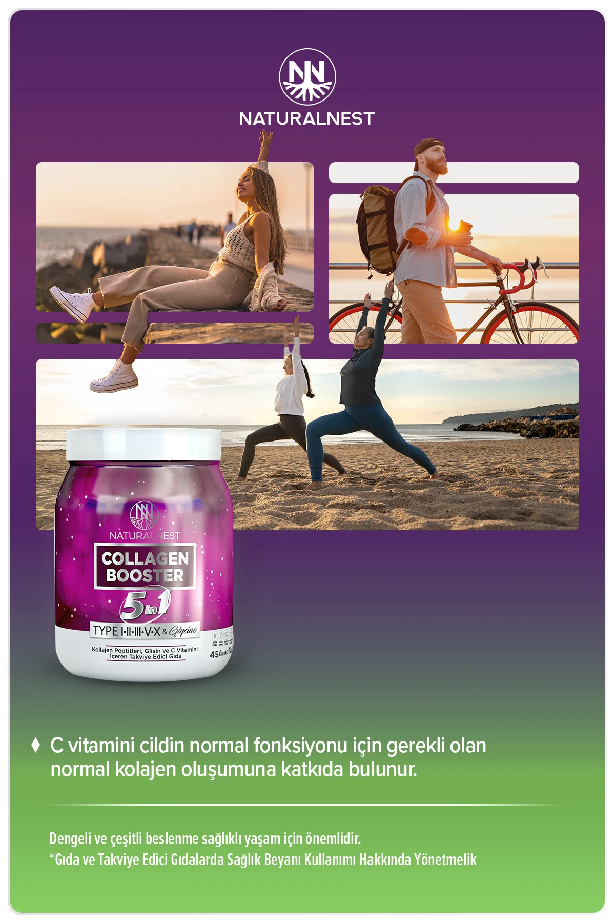 Collagen Booster 5 in 1 10.000 mg 450 gr- Kolajen Peptitleri, Glisin, C Vitamini