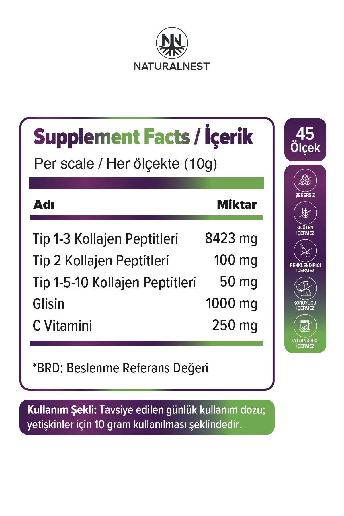 Collagen Booster 5 in 1 10.000 mg 450 gr- Kolajen Peptitleri, Glisin, C Vitamini