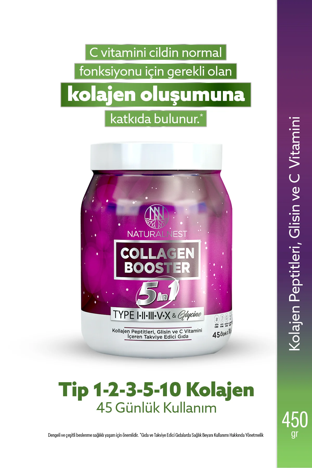Collagen Booster 5 in 1 10.000 mg 450 gr- Kolajen Peptitleri, Glisin, C Vitamini