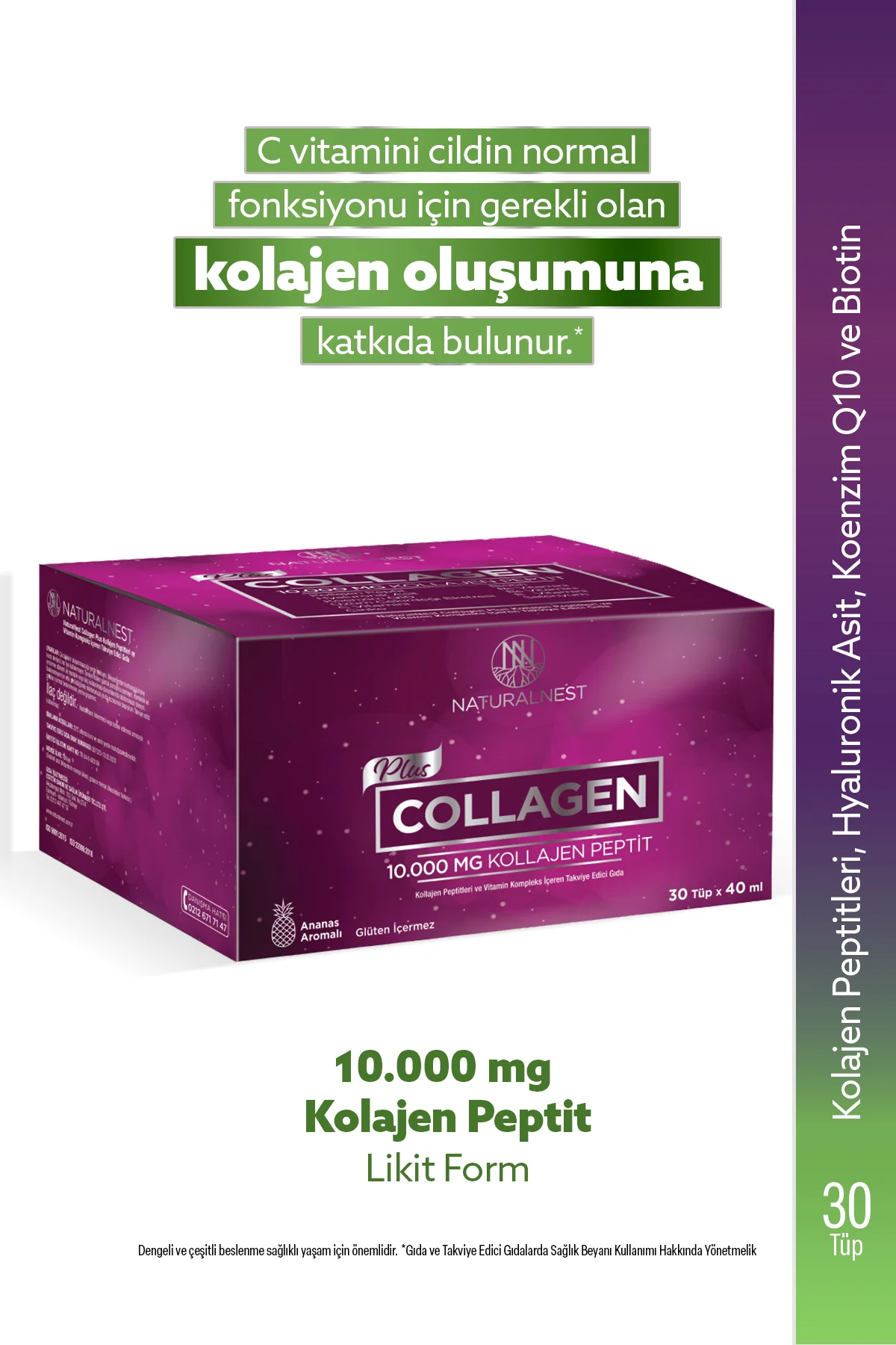 Collagen Plus 10.000 mg 30 Likit Ananas aromalı-Kolajen peptitleri, Hyaluronik asit, KoenzimQ10
