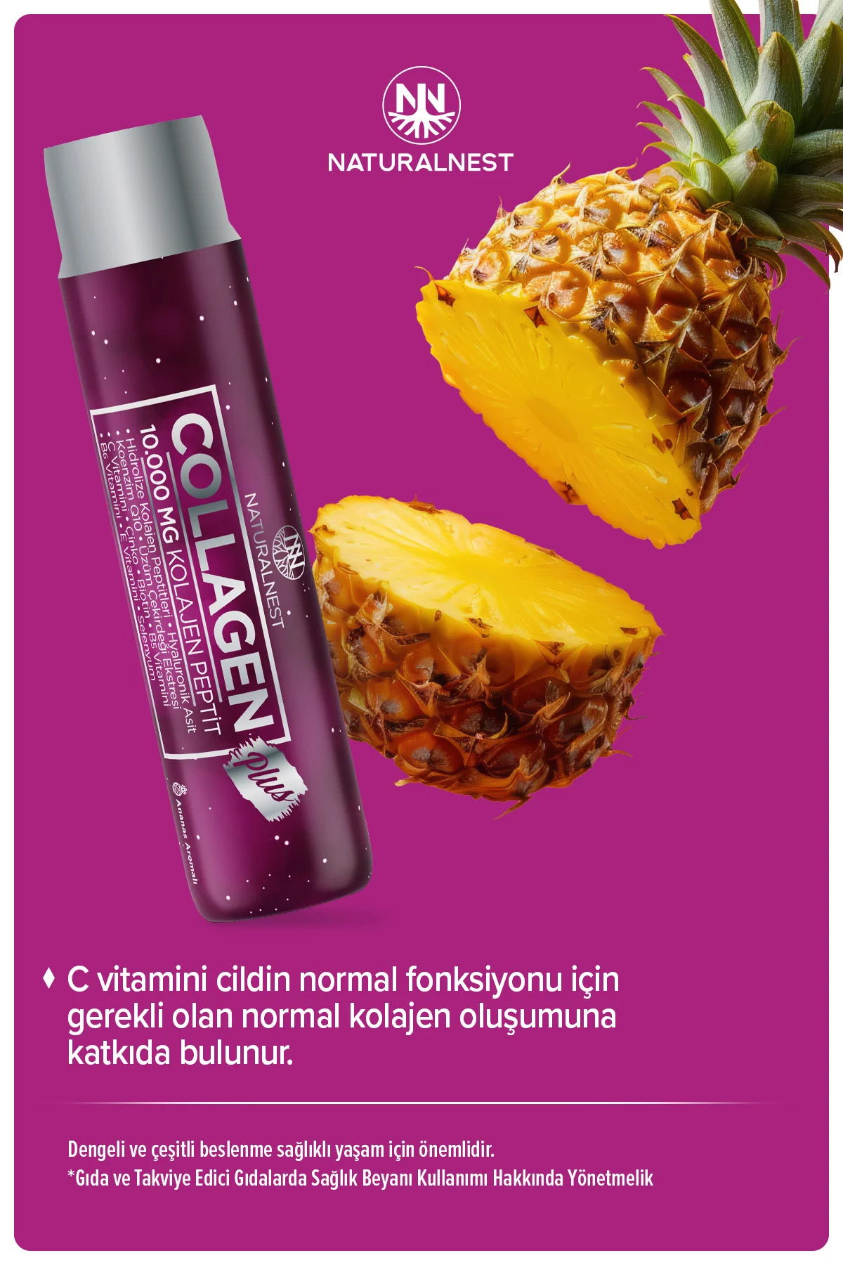 Collagen Plus 10.000 mg 30 Likit Ananas aromalı-Kolajen peptitleri, Hyaluronik asit, KoenzimQ10