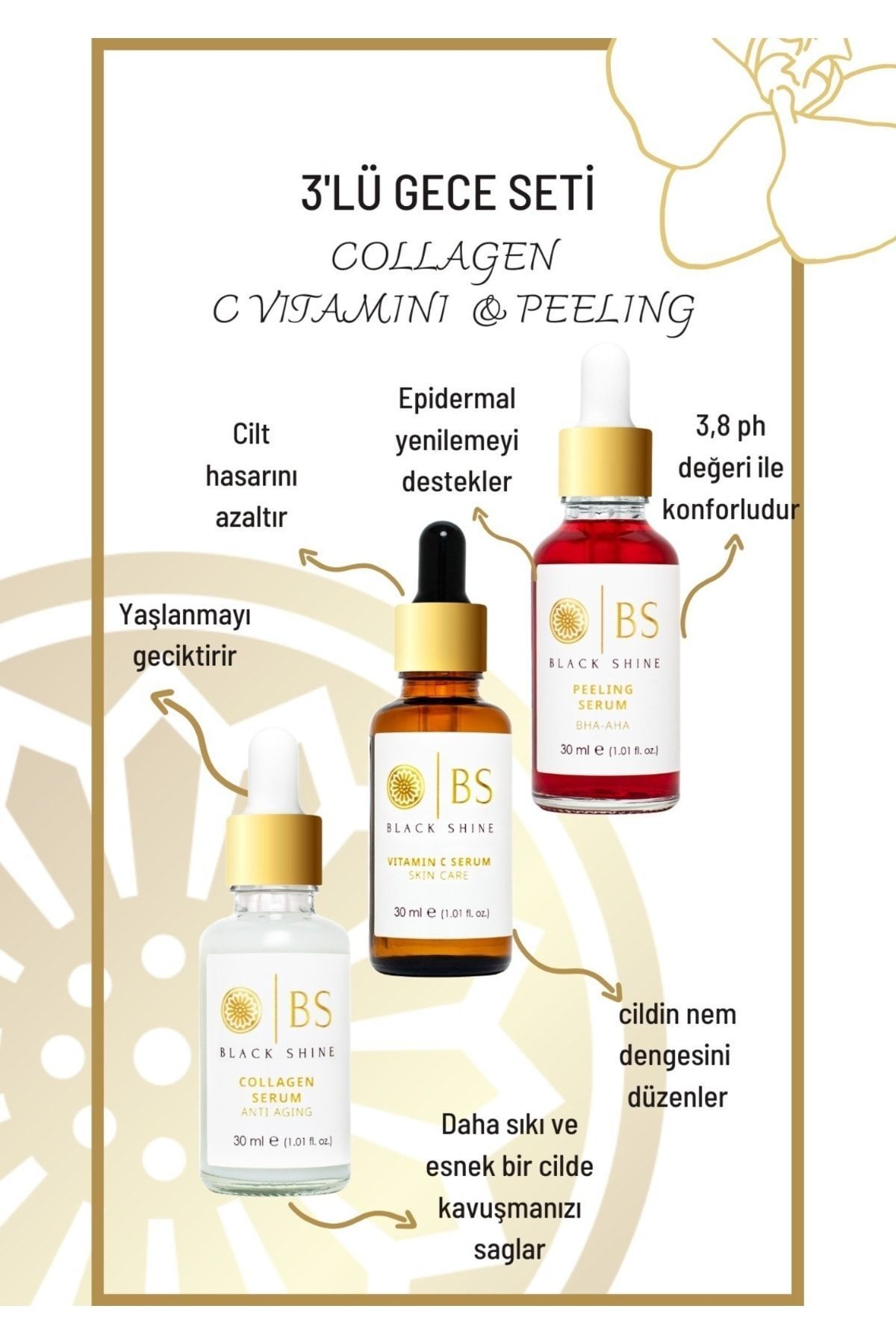 Black Shine Bs Collagen Serum 30Ml + Vitamin C Serum 30Ml + Peeling Serum 30Ml