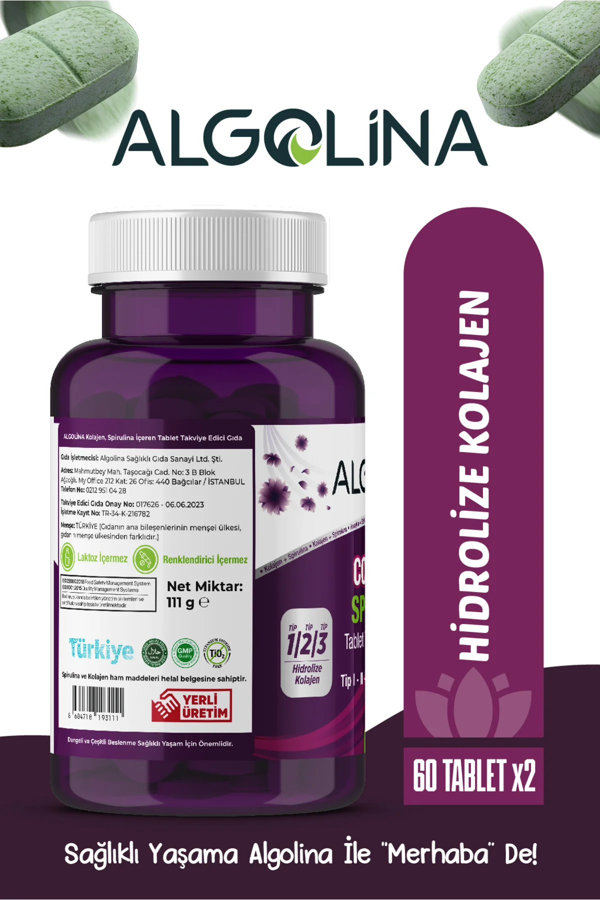 Collagen+spirulina Tablet Takviye Edici Gıda -1260 Mg 60 Tablet-(