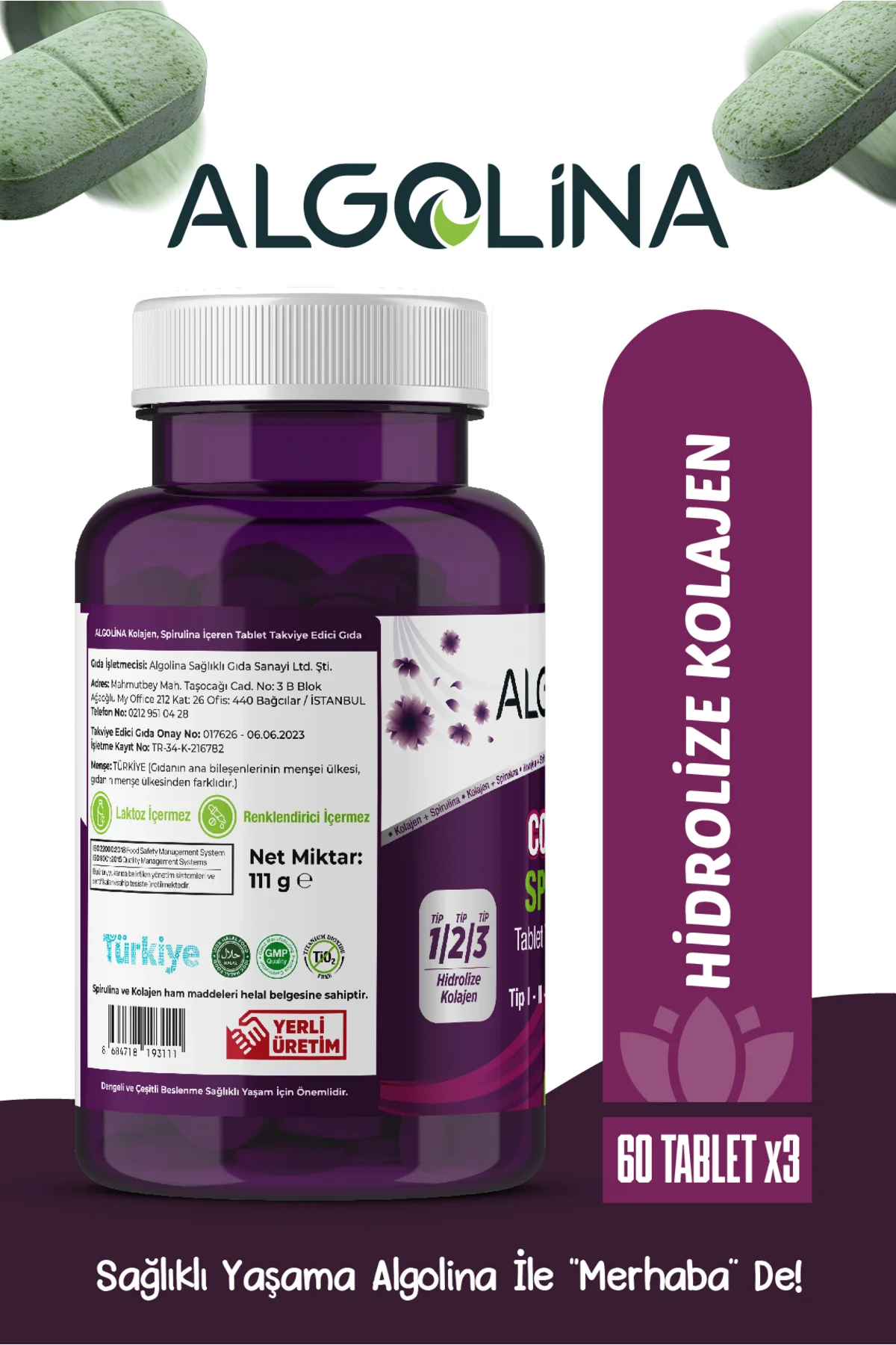 Collagen+spirulina Tablet Takviye Edici Gıda -1260 Mg 60 Tablet-(