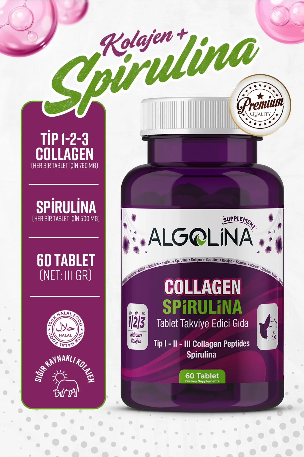Collagen+spirulina Tablet Takviye Edici Gıda -1260 Mg 60 Tablet-(