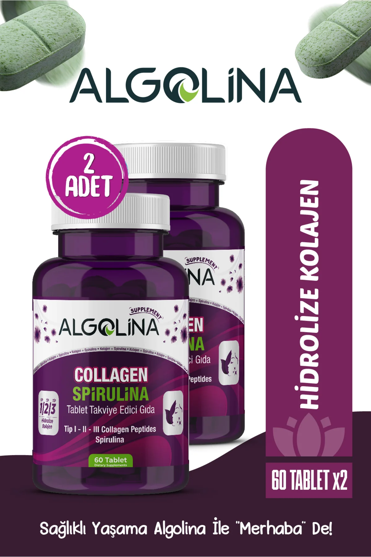 Collagen+spirulina Tablet Takviye Edici Gıda -1260 Mg 60 Tablet-(
