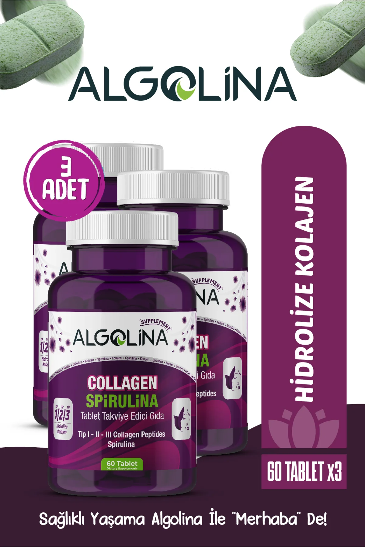 Collagen+spirulina Tablet Takviye Edici Gıda -1260 Mg 60 Tablet-(