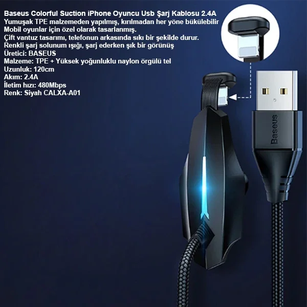 Colorful Suction iPhone Oyuncu USB Şarj Kablosu 2.4A 1.2m - Hızlı Şarj ve Dayanıklı Tasarım