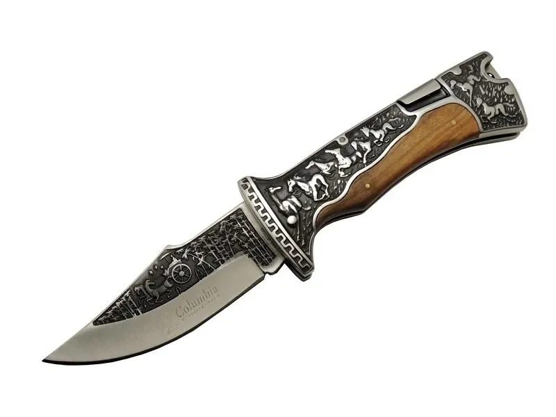 Columbia A3189c Kahve Kamp Çakısı 23cm- Manuel, At İşlemeli Ahşap