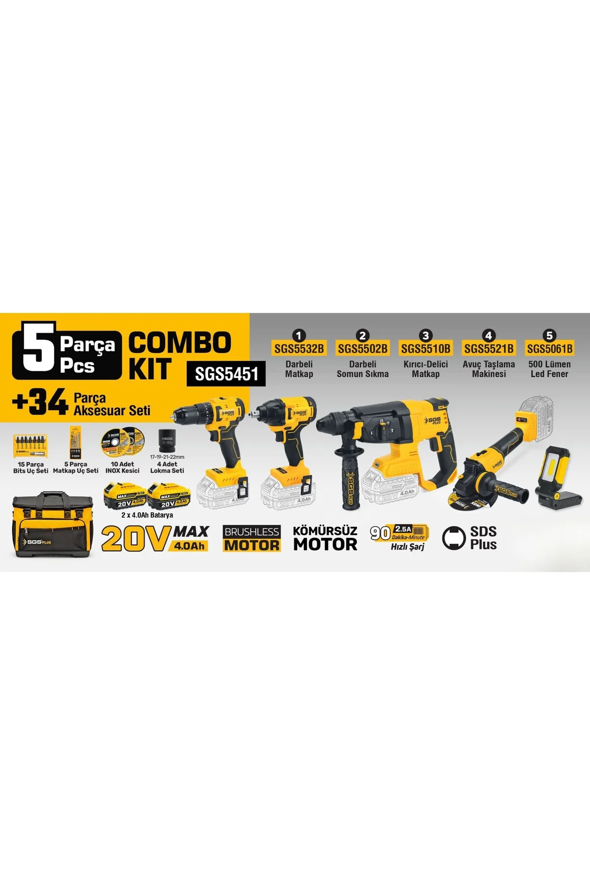 COMBO 5 li SET (Darbeli Matkap/Kırıcı-Delici/Avuç Taslama/Somun S