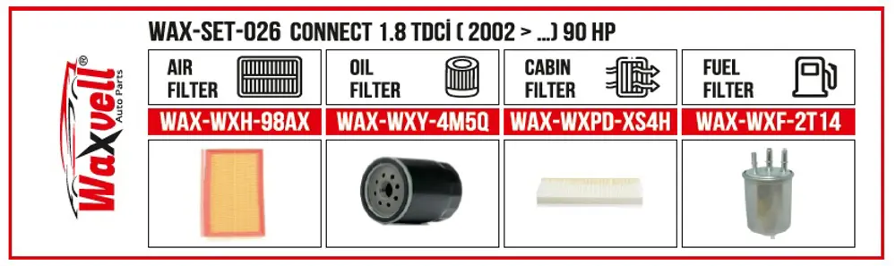 CONNECT 1.8 TDCİ FİLTRE BAKIM SETİ ( 2002 > …) 90 HP