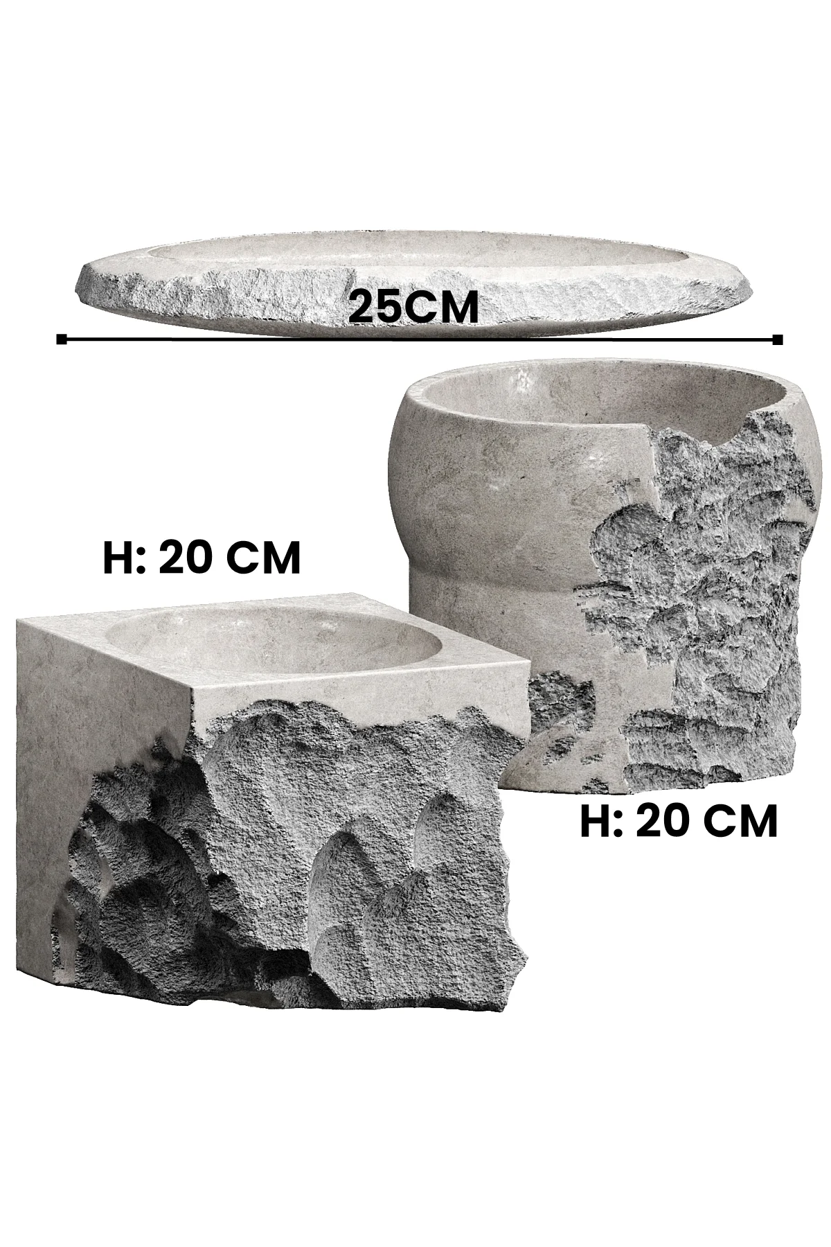 Contemporary Elite Beton Görünümlü 3'lü Dekoratif Organizer Saksı 20 Cm Büyük Boy (SERT PLASTİKTİR)