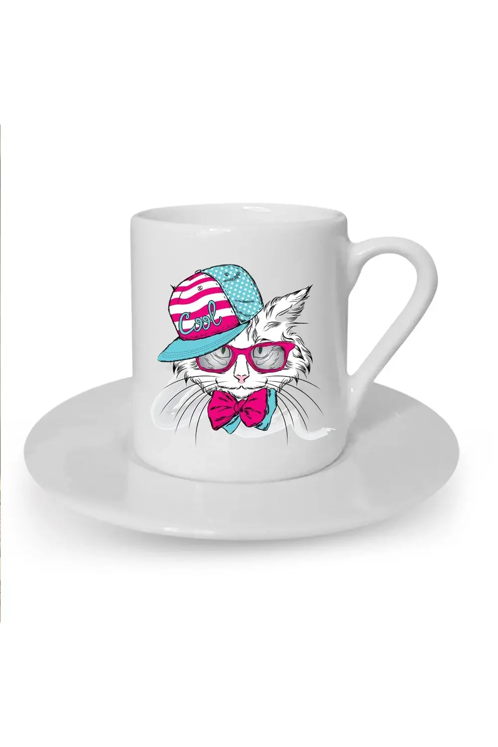 Cool Cat Baskılı Beyaz Türk Kahvesi Fincanı