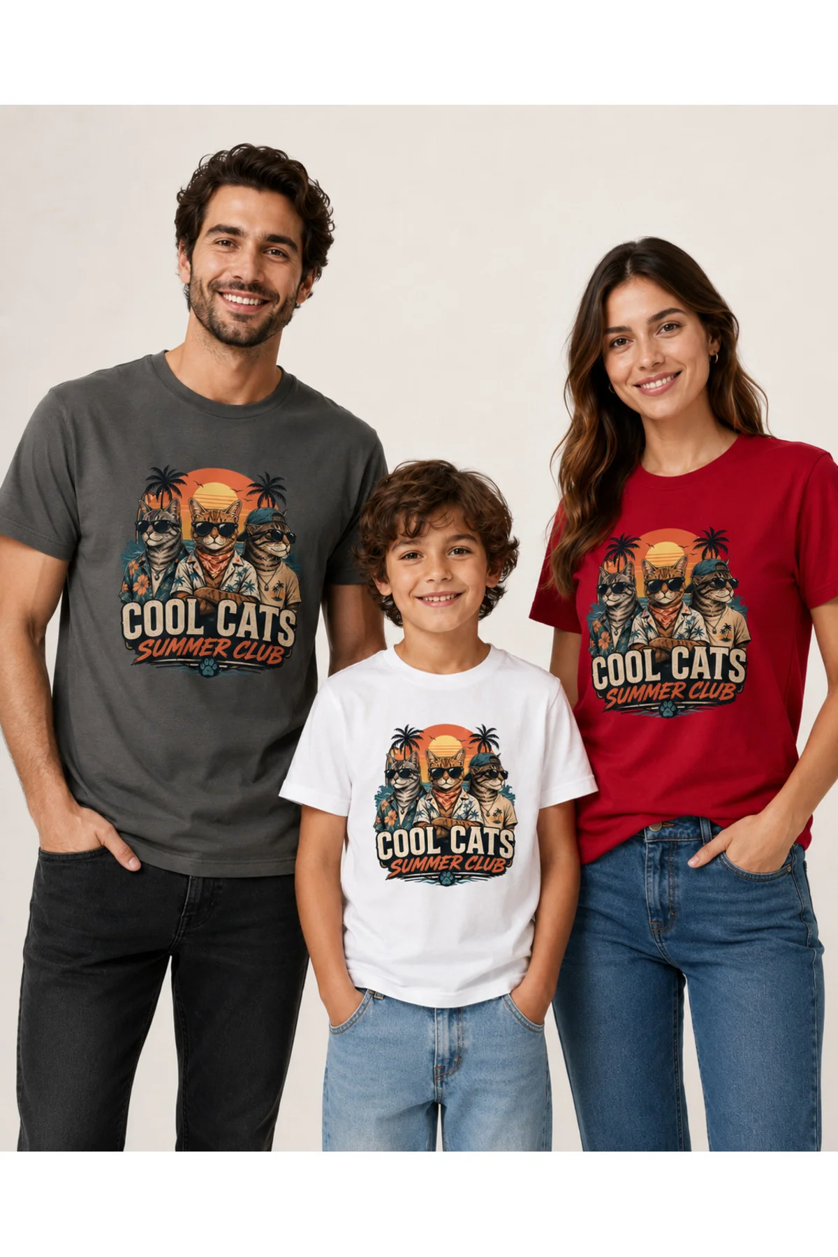 Cool Cats Summer Club Unisex Kedi Baskılı Yaz Temalı Regular Kalıp Bisiklet Yaka T-Shirt