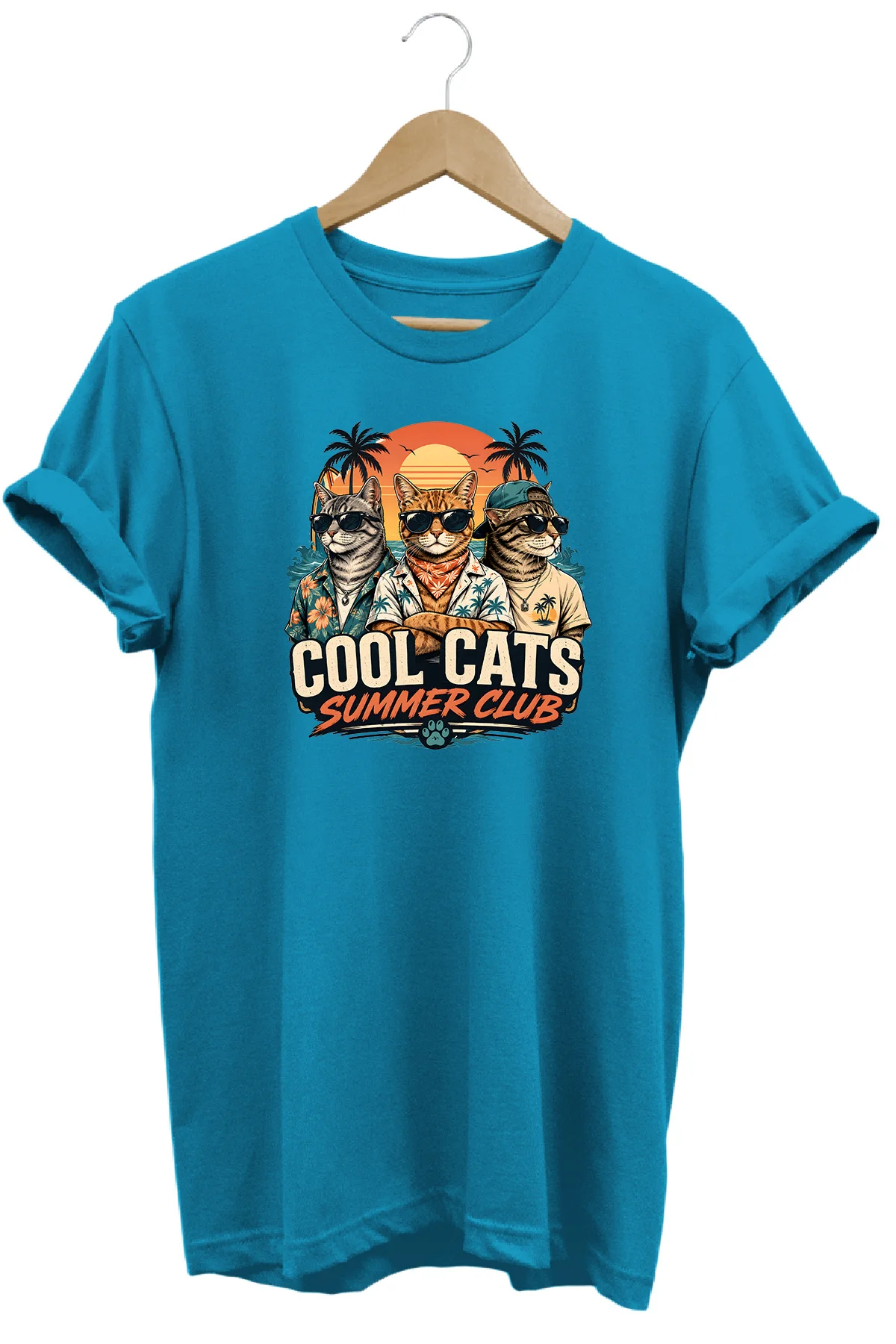 Cool Cats Summer Club Unisex Kedi Baskılı Yaz Temalı Regular Kalıp Bisiklet Yaka T-Shirt