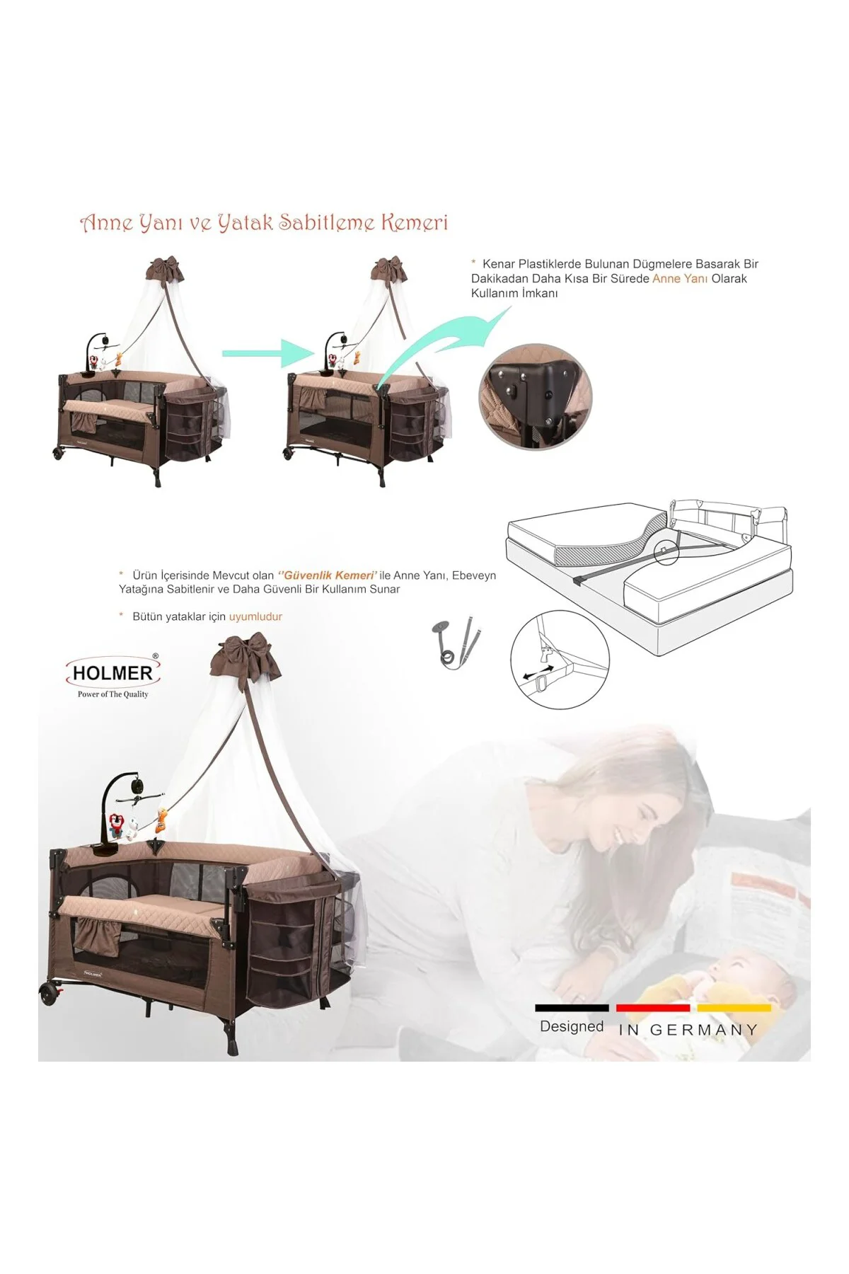 Coolstyle Premium Cibinlikli Dönenceli Anne Yanı Oyun Parkı Beşik 70x110cm (Kahverengi