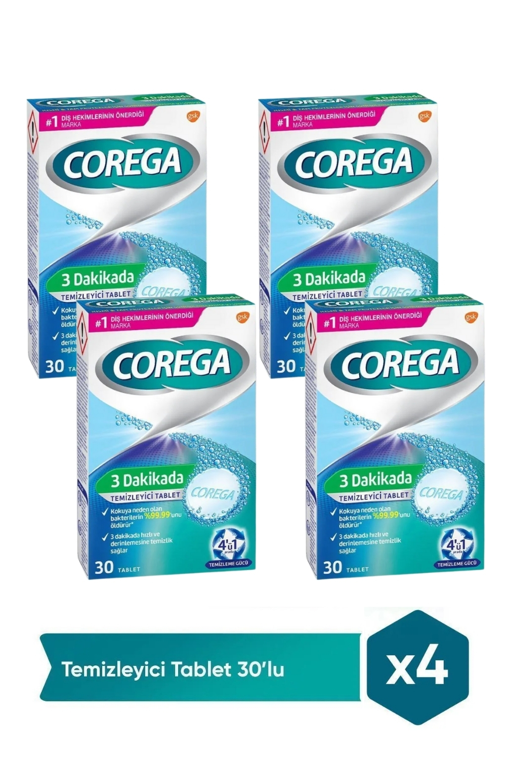 Corega  3 Dakikada Temizleyici 30 Tablet X 4 Adet Corega  3 Dakikada Temizleyici 30 Tablet X 4 Adet
